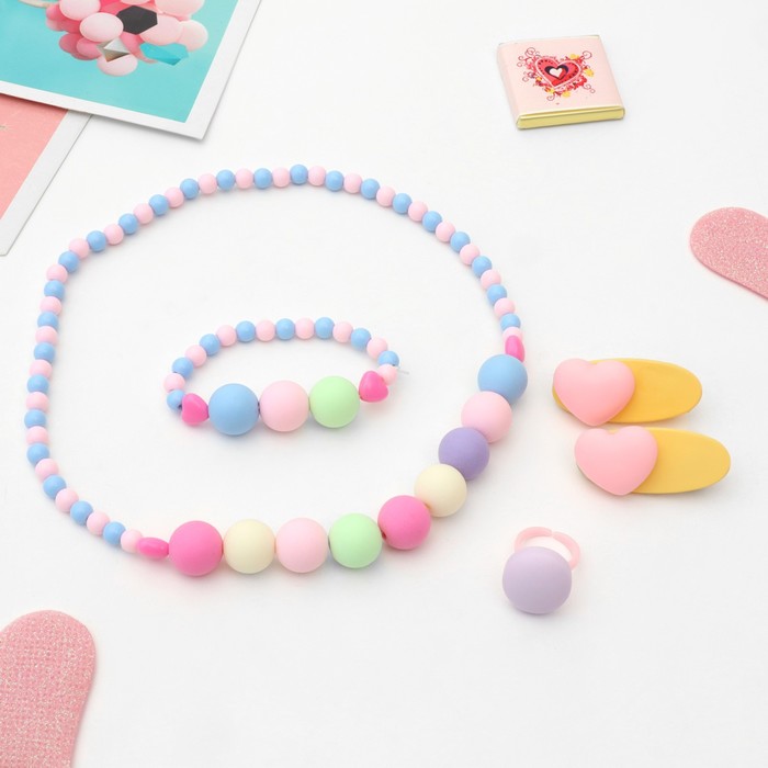 Комплект детский «Выбражулька» 5 предметов: 2 заколки, бусы, браслет, кольцо, сердце, цветной