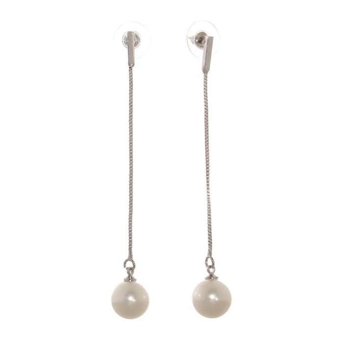 Серьги с жемчугом "Бусинки на цепочке", цвет белый в серебре