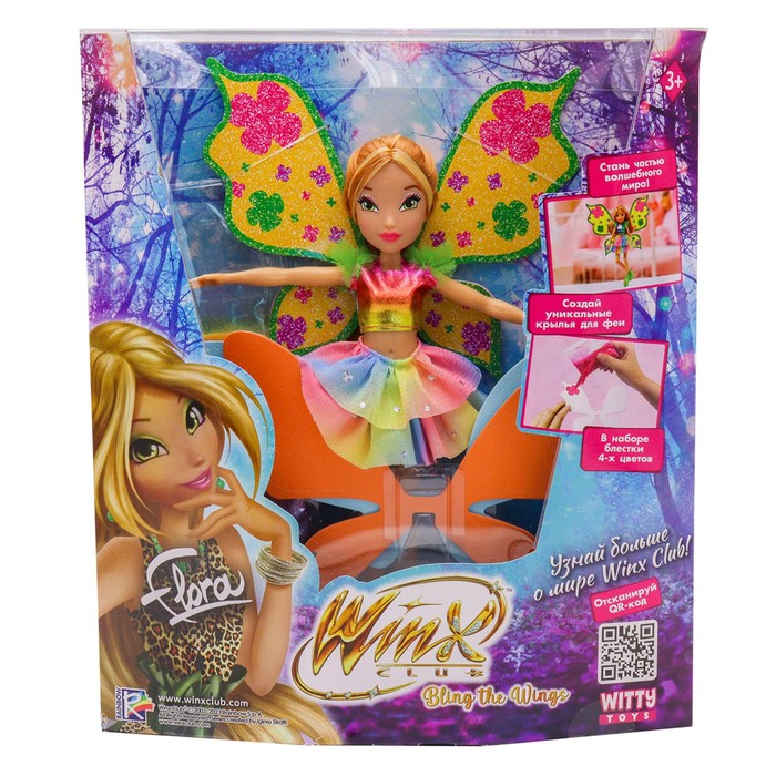 Шарнирная кукла Winx Club Bling the Wings Флора с крыльями и глиттером 24 см 2982₽