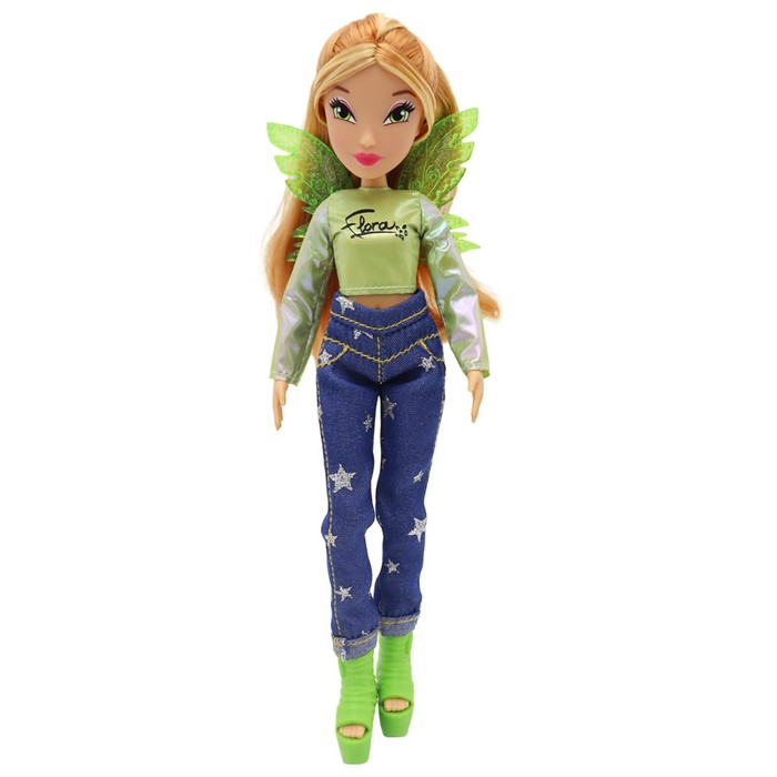 фото Шарнирная кукла winx club «флора», в джинсах с крыльями, 24 см