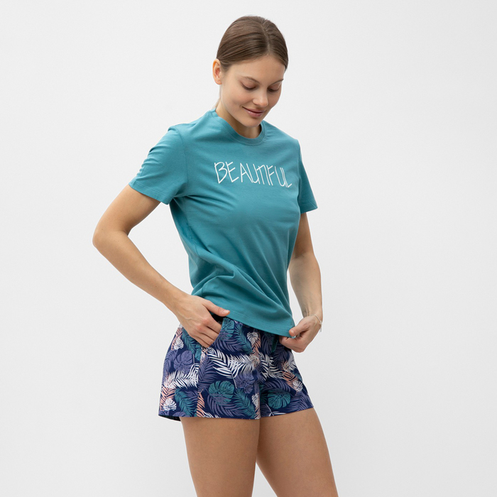 фото Комплект домашний женский (футболка,шорты), цвет бирюзовый, размер 46 be friends