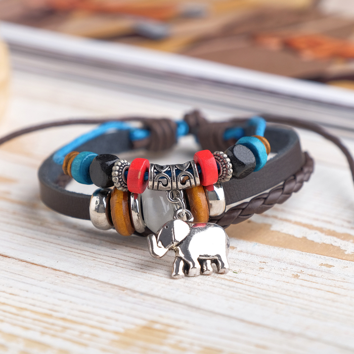 Браслет кожа "Хиппи" индийский слон, цвет коричнево-голубой