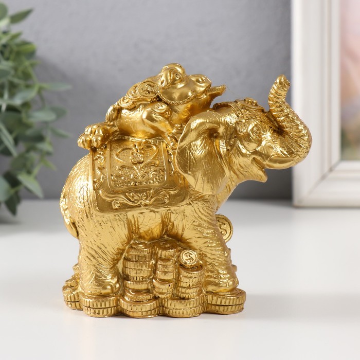 статуэтка жаба на слоне Нэцке золото полистоун Жаба на слоне с монетами 12х6,8х11,2 см