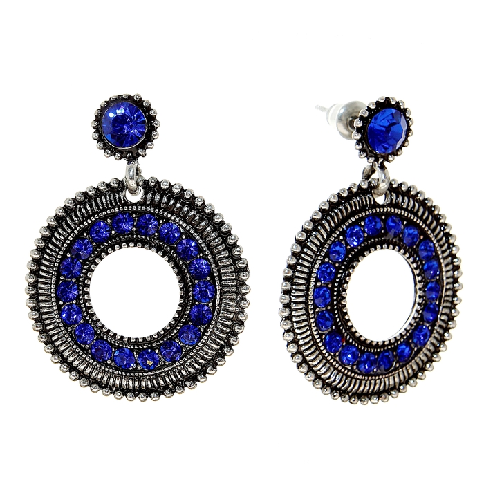 Серьги со стразами "Круг ра", цвет синий в черненом серебре