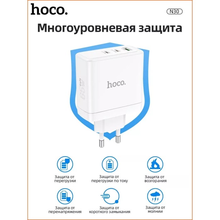 фото Сетевое зарядное устройство hoco n30, usb/2type-c, 3 a, кабель type-c - type-c, белое