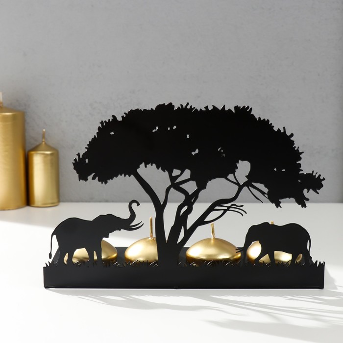 цена Подсвечник металл на 4 свечи Слоны Африки чёрный 13,2х20х6,8 см