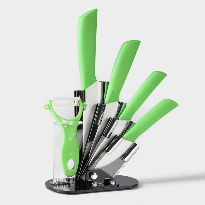 Набор кухонный, 5 предметов: 4 ножа 15/13/10/7,5 см, овощечистка, на подставке, цвет зеленый