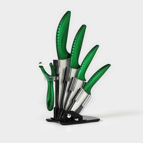 Набор кухонный «Сочная зелень», 5 предметов: 4 ножа 7,5 см, 10 см, 13 см, 15 см, овощечистка, на подставке, цвет зелёный от Сима-ленд