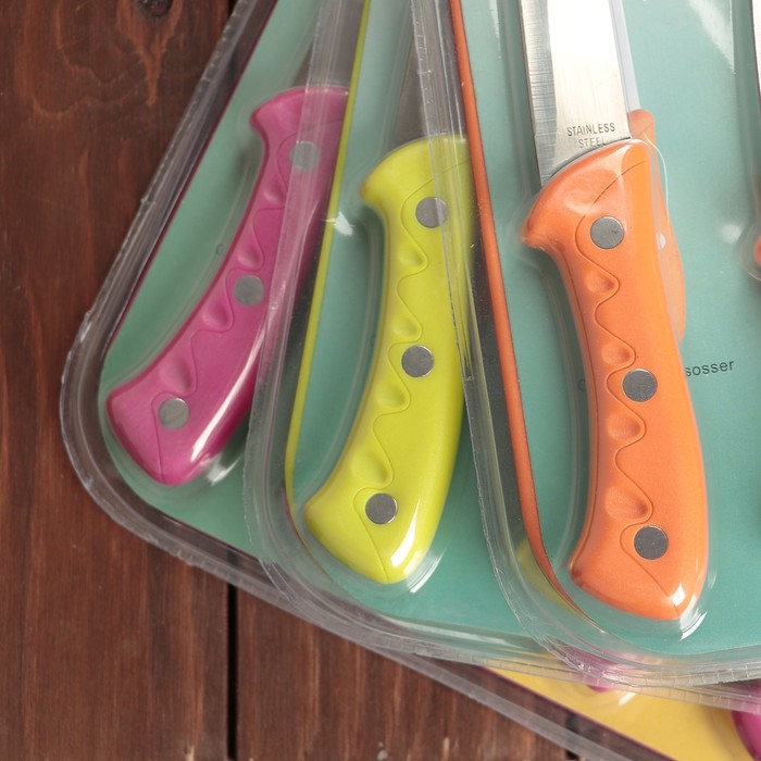 Набор 6 предметов: 4 ножа 20/19,5/11,5/9 см, ножницы, доска 30х24 см, цвета МИКС