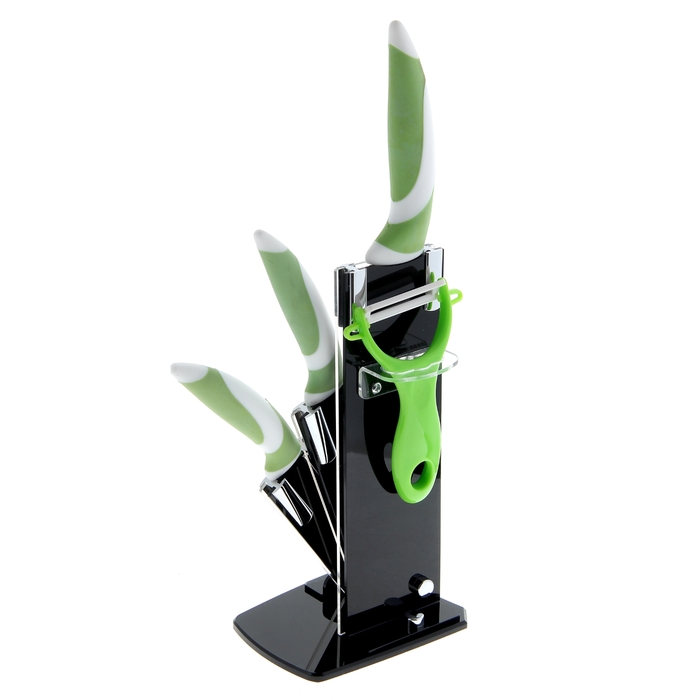 Набор 4 предмета: 3 ножа 17,5/12,5/9,5 см, овощечистка на подставке "Земляничка"