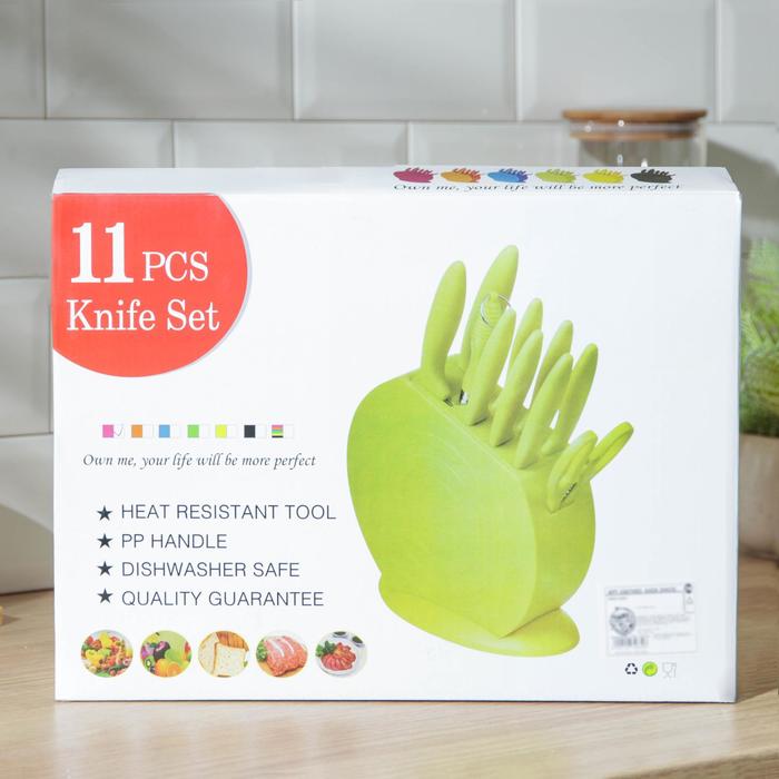 Набор ножей на подставке "Утро", 10 предметов: 8 ножей 2х19,5/14,5/12,5/4х11,5 см; ножеточка; ножницы, цвет МИКС