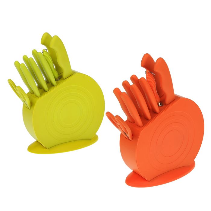 Набор ножей на подставке "Утро", 10 предметов: 8 ножей 2х19,5/14,5/12,5/4х11,5 см; ножеточка; ножницы, цвет МИКС