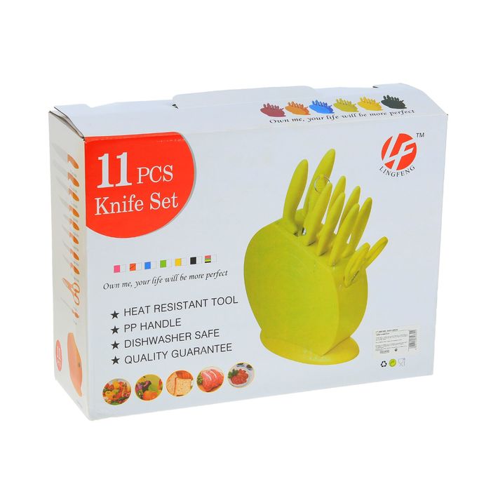 Набор ножей на подставке "Утро", 10 предметов: 8 ножей 2х19,5/14,5/12,5/4х11,5 см; ножеточка; ножницы, цвет МИКС