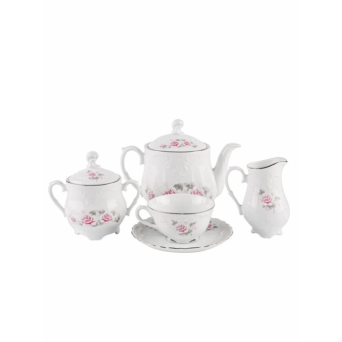 Чайный сервиз Cmielow Rococo «Бледные розы, отводка платина», 15 предметов