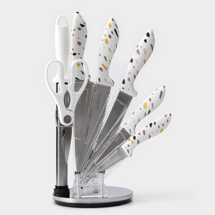 Набор ножей кухонных на подставке Доляна Sparkle, 7 предметов: 5 ножей, мусат и ножницы