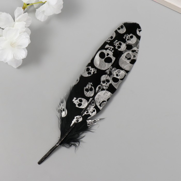 Перо декоративное фазана Черепа чёрное с серебром h=15-20 см