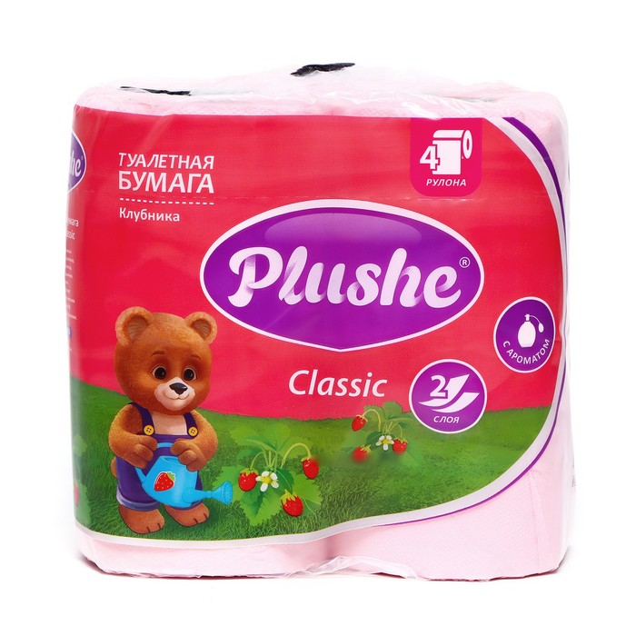 Туалетная бумага Plushe Classic «Клубника», 2 слоя, 4 рулона