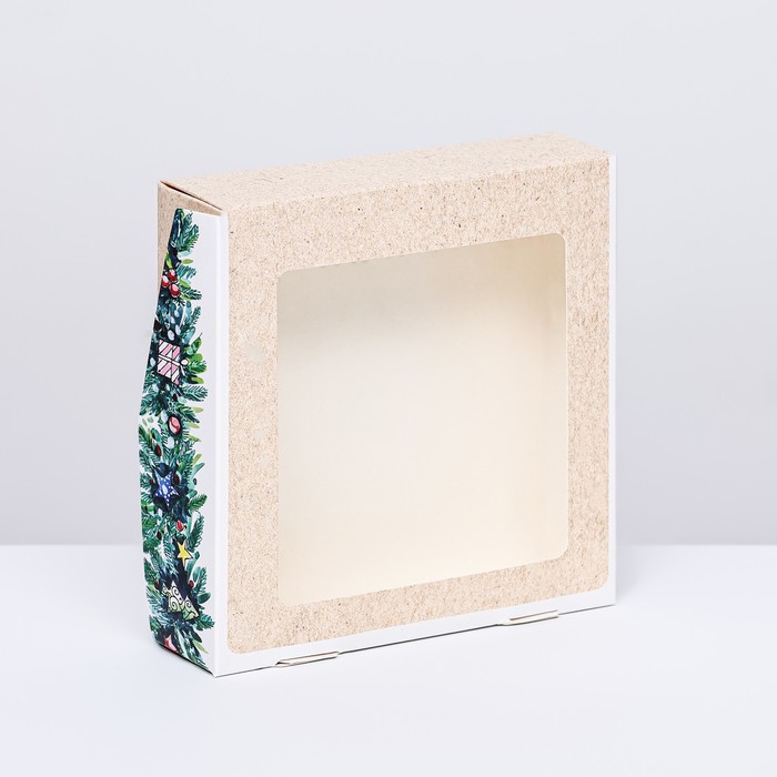 Коробка складная с окном Гирлянда 15 х 15 х 4 см , коробка складная с окном снеговик 15 х 15 х 4 см