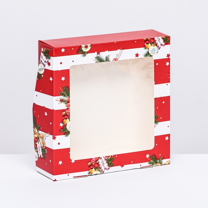коробка складная с окном клетка 15 х 15 х 4 см Коробка складная с окном Новогоднее настроение, 15 х 15 х 4 см