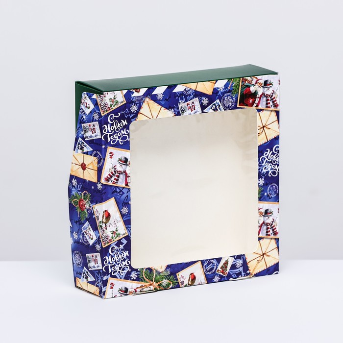 Коробка складная с окном Новогодняя посылка синяя15 х 15 х 4 см коробка складная с окном снеговик 15 х 15 х 4 см