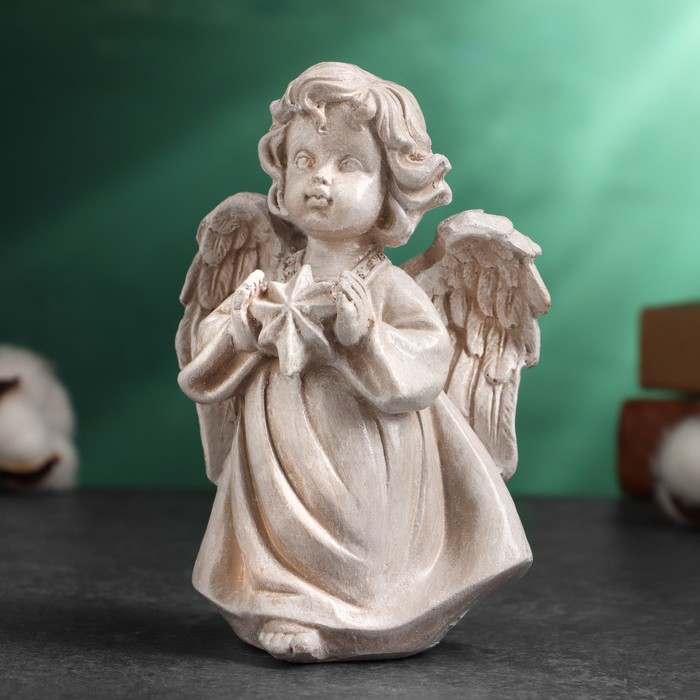

Ангелочек со звездой, фигура декоративная цвет светлый камень, H-14см. L-10см.