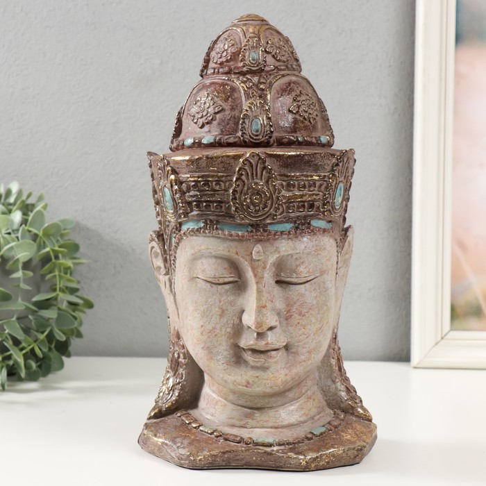 Сувенир полистоун бюст Голова Будды в головном уборе песочный 13,5х15,5х31 см