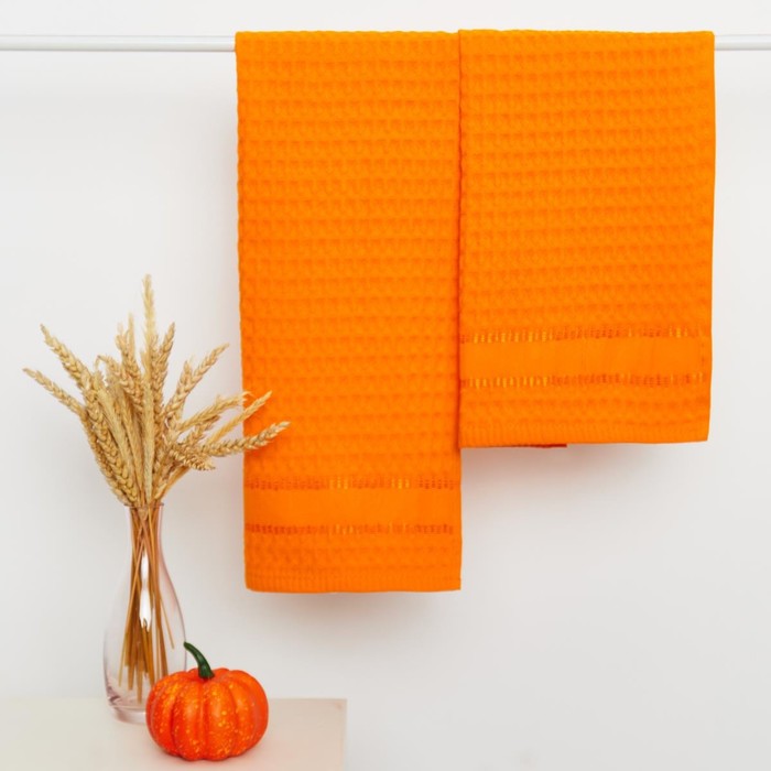 Набор вафельных полотенец, размер 30х60 см, 2 шт, цвет оранжевый