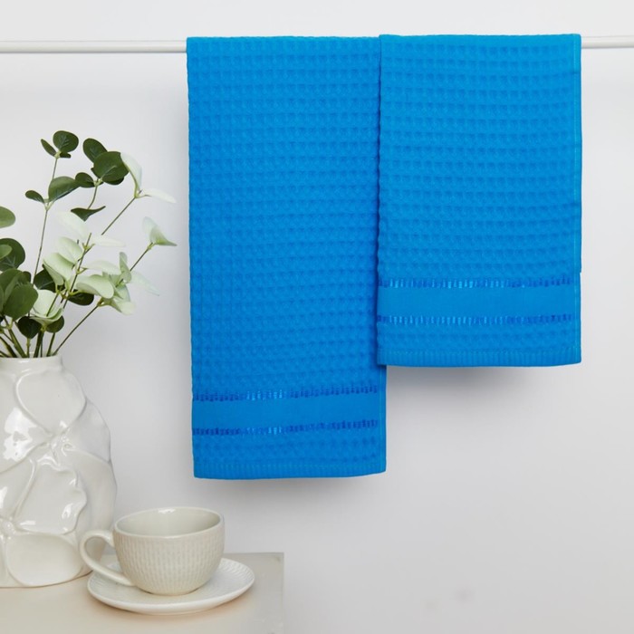 Набор вафельных полотенец, размер 30х60 см, 2 шт, цвет синий