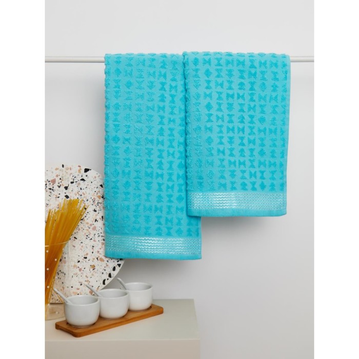 цена Набор махровых полотенец, размер 30х60 см, 2 шт, цвет голубой