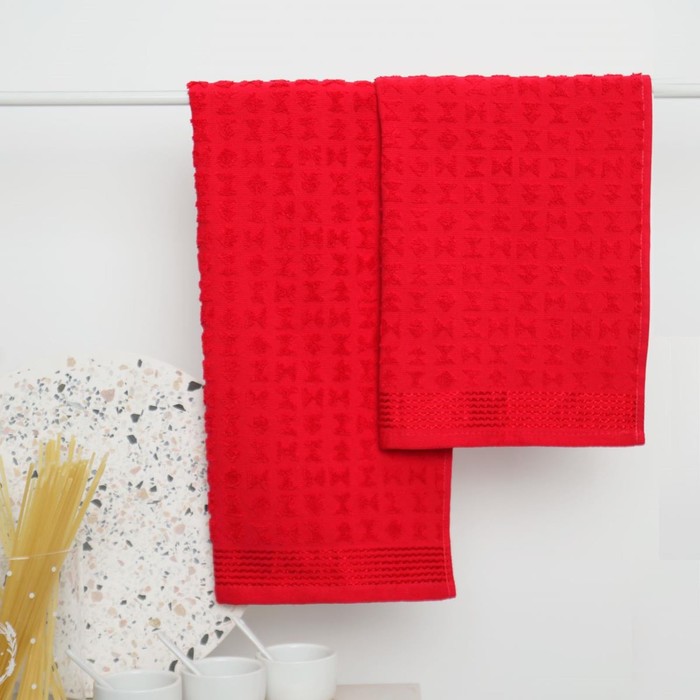 цена Набор махровых полотенец, размер 30х60 см, 2 шт, цвет красный