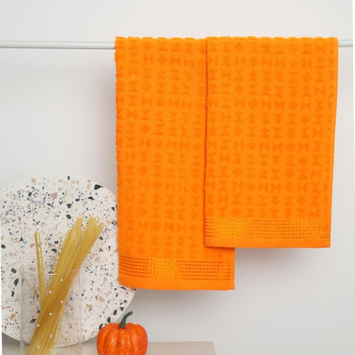 цена Набор махровых полотенец, размер 30х60 см, 2 шт, цвет оранжевый