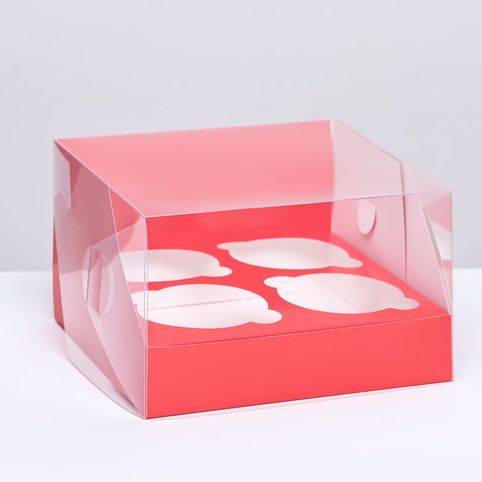 Кондитерская складная коробка для 4 капкейков 16 х 16 х 10 , Красная кондитерская складная коробка для капкейков с окном на 4 шт крафт 16 х 16 х 10 см