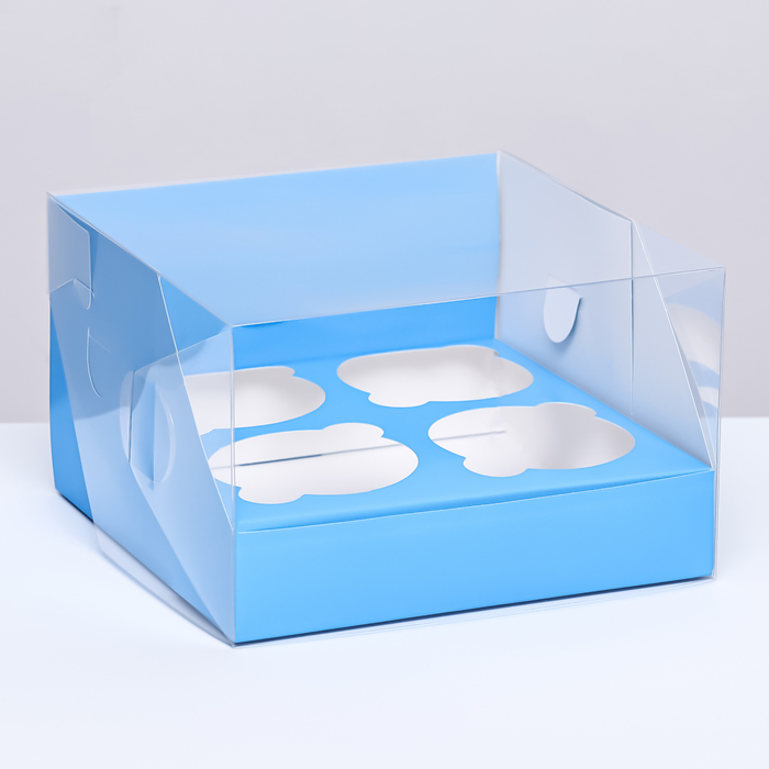 Кондитерская складная коробка для 4 капкейков 16 х 16 х 10 , Голубая кондитерская складная коробка для капкейков с окном на 4 шт крафт 16 х 16 х 10 см