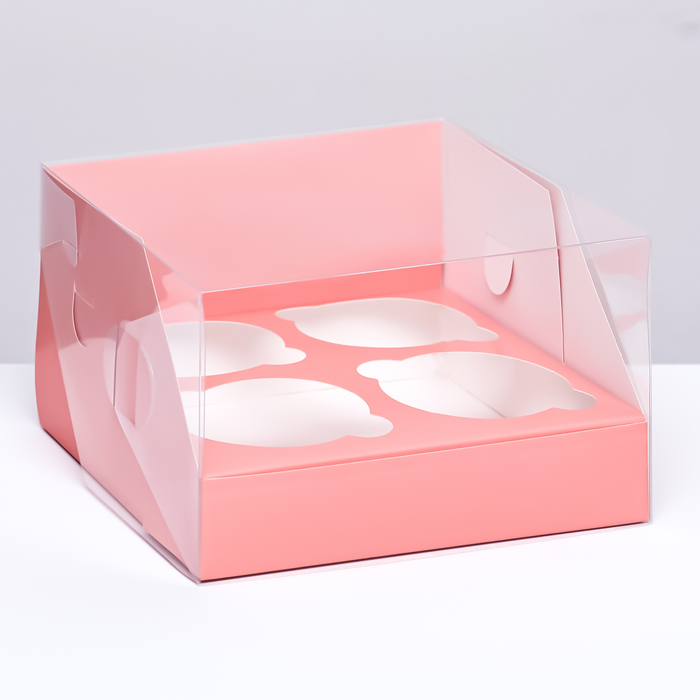 Кондитерская складная коробка для 4 капкейков 16 х 16 х 10 , Розовая кондитерская складная коробка для капкейков с окном на 4 шт крафт 16 х 16 х 10 см
