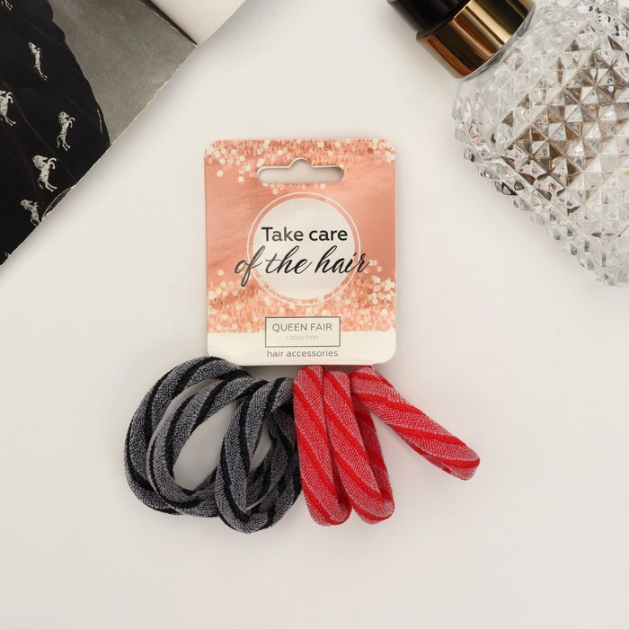 фото Резинка для волос "махрушка спорт" (набор 6 шт) полоски диагональ, 4 см, серый красный queen fair