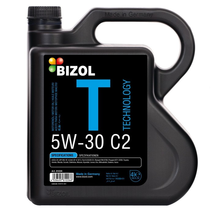Масло моторное BIZOL Technology 5W-30 C2, НС-синтетическое, 4 л моторное масло bizol technology 5w 30 507 sm c3 нс синтетическое 60 л