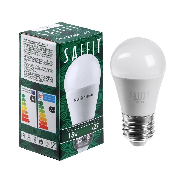 Лампа светодиодная SAFFIT, 15W 230V E27 2700K G45, SBG4515