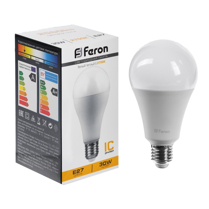 Лампа светодиодная FERON, (30W) 230V E27 2700K A80, LB-130