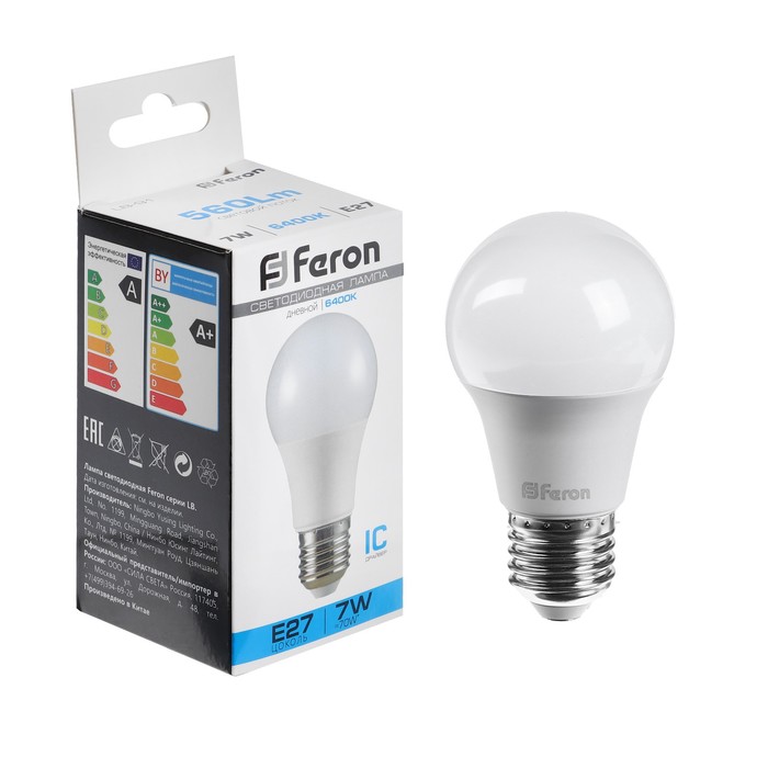 Лампа светодиодная FERON, (7W) 230V E27 6400K A60, LB-91 feron lb 651 e27 e40 80w 6400k белый