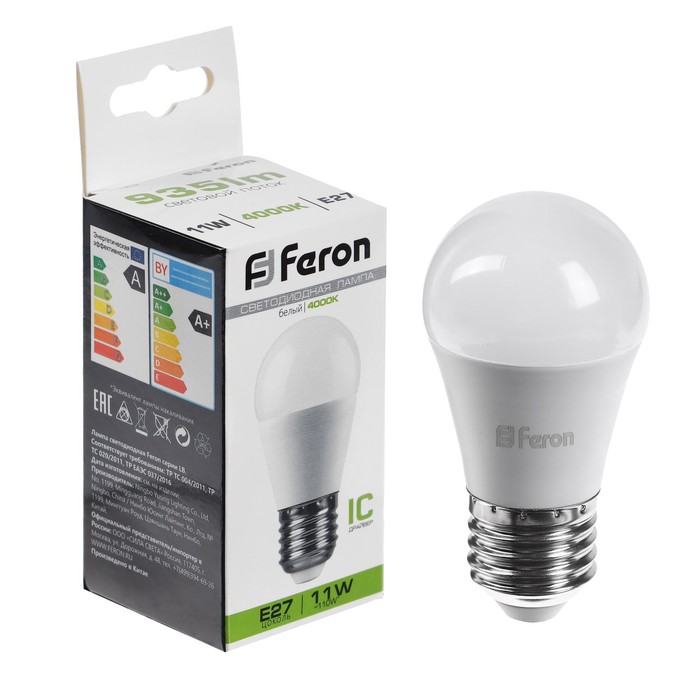 Лампа светодиодная FERON, (11W) 230V E27 4000K G45, LB-750 лампа светодиодная 11w 230v e27 2700k g45 sbg4511