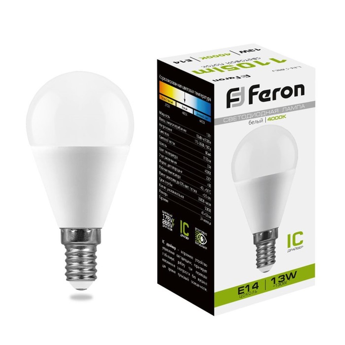Лампа светодиодная FERON, (13W) 230V E14 4000K G45, LB-950