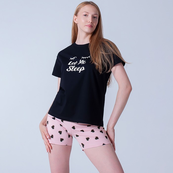 Комплект женский домашний (футболка/шорты), цвет чёрный/розовый, размер 50 комплект домашний женский футболка шорты цвет розовый размер 50