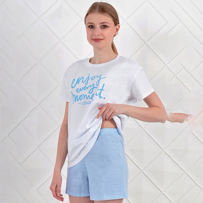 Комплект женский домашний (футболка/шорты), цвет белый/голубой, размер 46