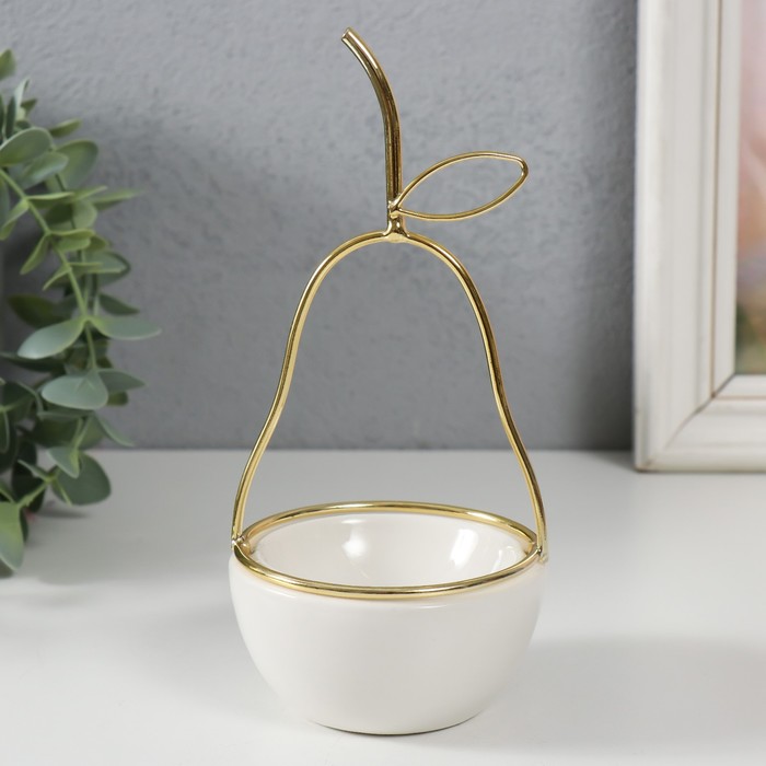фото Сувенир керамика, металл подставка "груша" белая с золотом 8х8х17 см