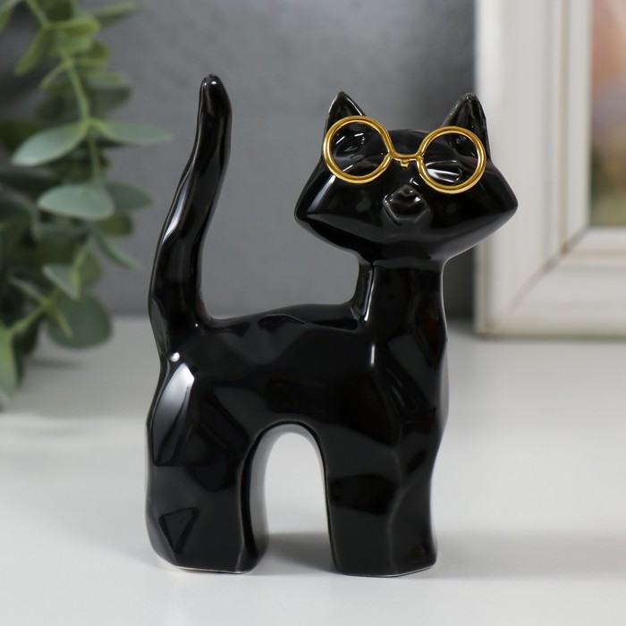 Сувенир керамика Чёрный котик в очках, хвост трубой грани 8х3,5х10,3 см