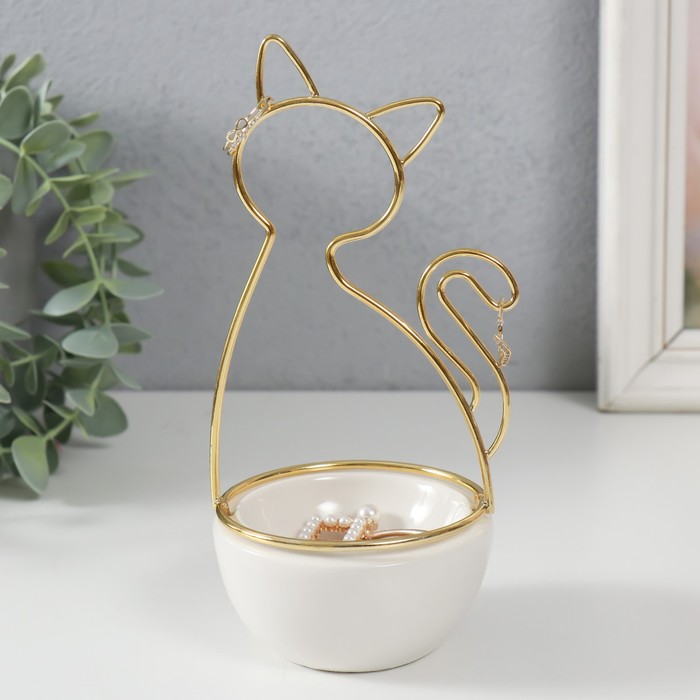 Сувенир керамика, металл подставка Кошка белая с золотом 9,8х8,3х17,7 см