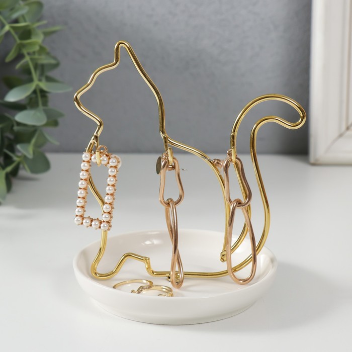 Сувенир керамика, металл подставка Кошка белая с золотом 10,5х10х12,5 см