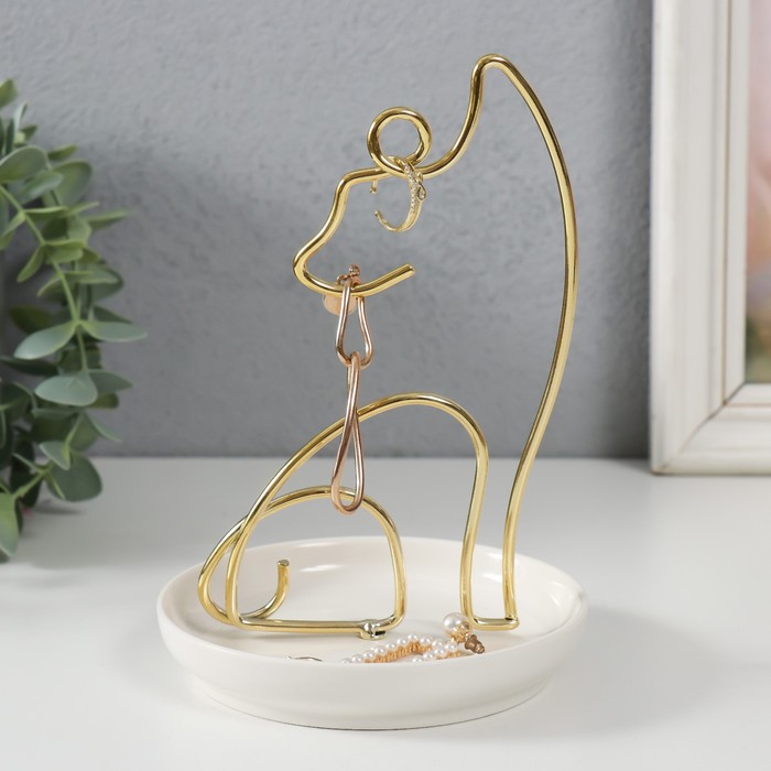 Сувенир керамика, металл подставка Котик белый с золотом 12х12х17 см