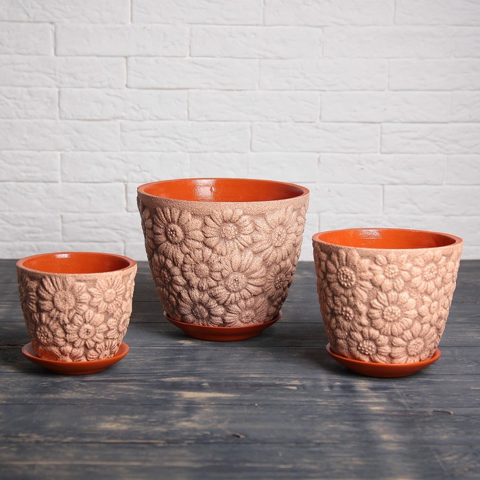 Набор кашпо 3 шт. "Гербера" экрю, глазурь 3,5 л/ 2 л/ 1 л