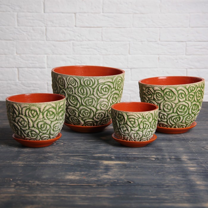 Набор кашпо 4 шт. "Розы" глазурь, зелёное 4 л/ 3 л/ 2 л/ 1 л